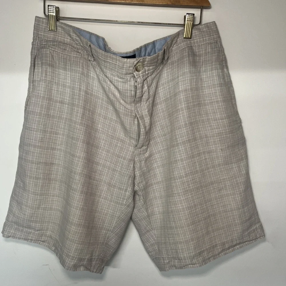 Banana‎ Republic Plaid Shorts Mens 36 Tan Beige Golf Casual Flat Front